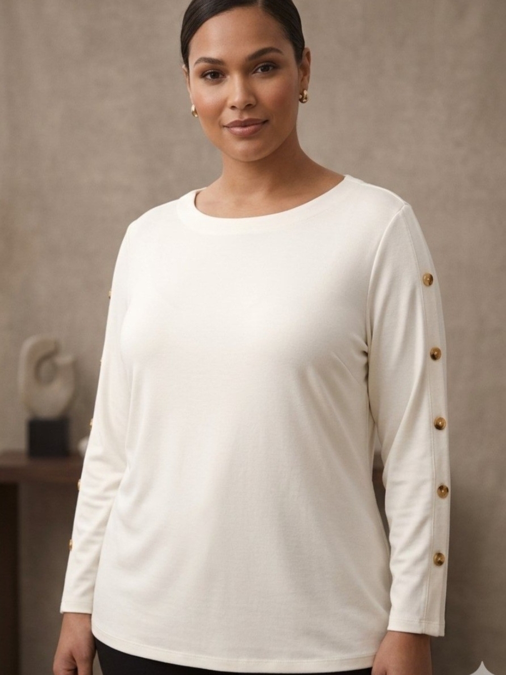 Liz Claiborne Cream Long Sleeve Top with Gold Button Detail Woman's Size 3X